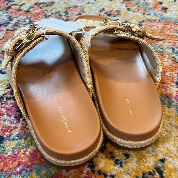 American Eagle AE Stitched Slide Sandals Natural Beige Tan Gold Buckles Size 10 - Picture 8 of 14
